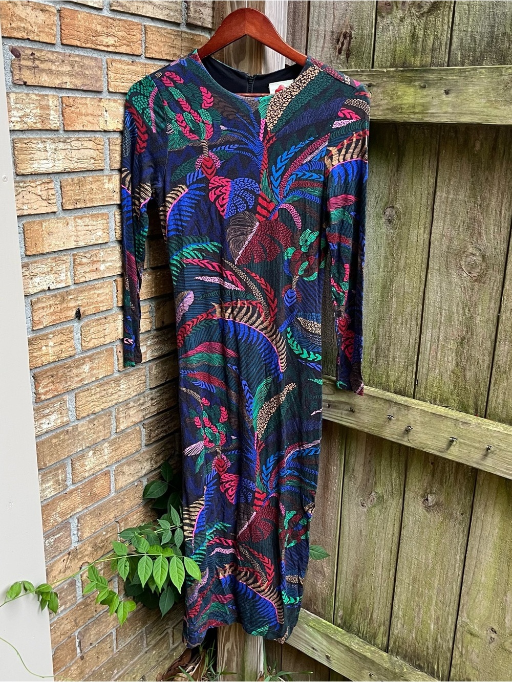 FARM Rio Black Midi Dress with Multicolor Leaf Motif